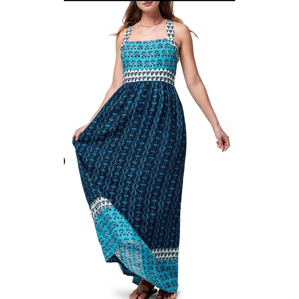Women's Faherty L Gracie Blue Bali Bloom 100% Linen Block Print Maxi Dress Boho